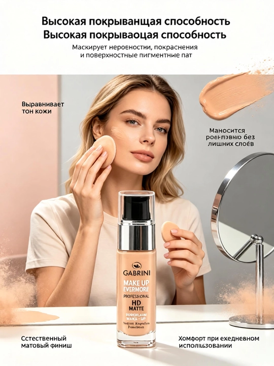 HD Matte Evermore matlovchi tonal krem 30 ml yuqori qoplama suvterga chidamli yigʻilmaslik
