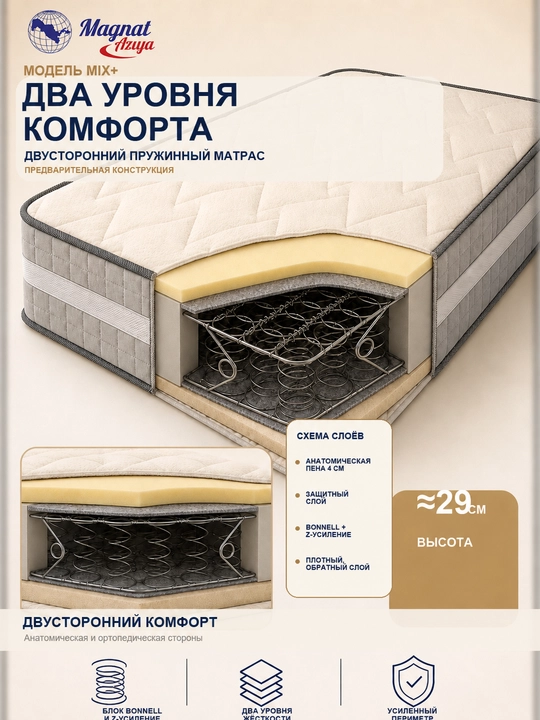 Magnat Aziya Mix+ ikki tomonlama prujinali matras, balandligi 29 sm - 