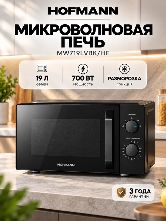 Микроволновая печь Hofmann MW719LVBK/HF, 19 л, 700 Вт, разморозка, таймер 30 мин - 