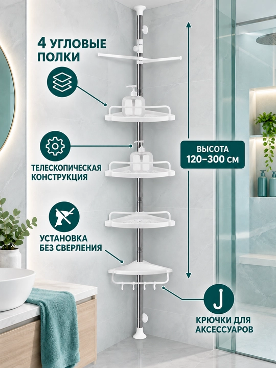 Телескопическая, потолочная, ванная, 4-х этажная полка