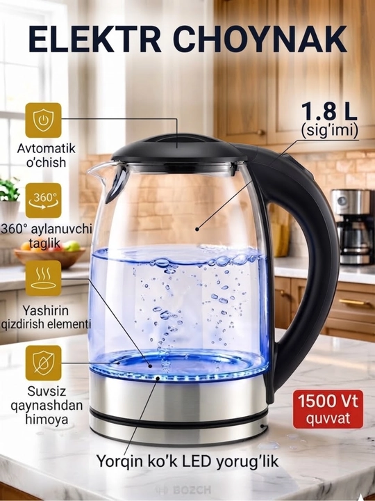 Shisha elektr choynak, 1,8 litr, quvvati 1500 Vt, avtomatik o‘chirish funksiyasiga ega - 