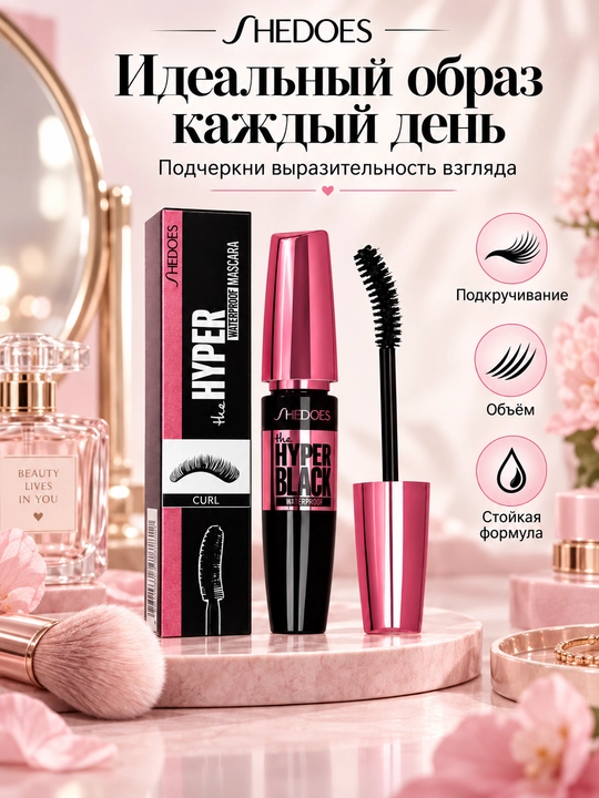 SHEDOES Hyper Black suvga chidamli kiprik tushi, qora, bukuvchi va hajm beruvchi - 