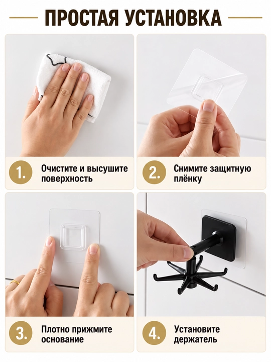 Крючок держатель, вращающийся, для кухонных принадлежностей, самоклеящийся, 6 крючков