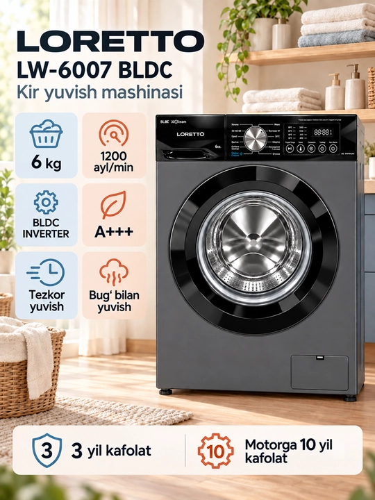 Стиральная машина автомат Loretto LW-6007BLDC 6 кг, инвертор - 