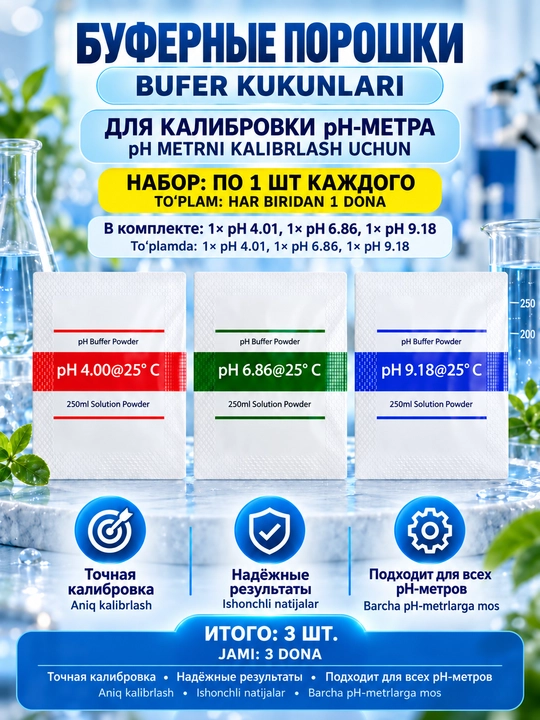 Буферные порошки для калибровки pH-метра, pH 4.01/6.86/9.18, раствор 250 мл - 