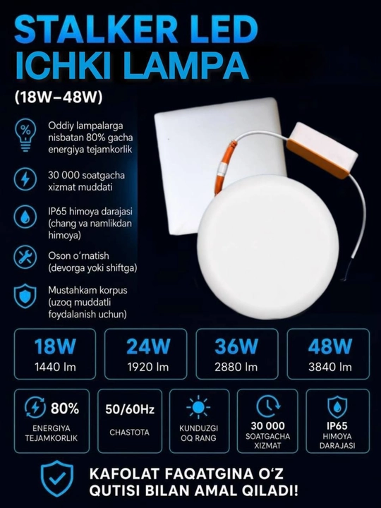 Stalker LED Panel Lampa ICHKI: 6500K, 18W, 24W, 36W, 48W, dumaloq, to'rtburchak, akril - 