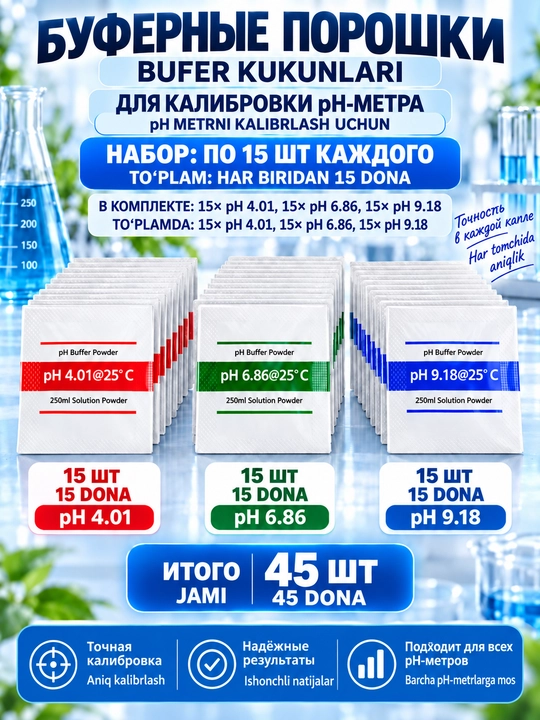 Буферные порошки для калибровки pH-метра, pH 4.01/6.86/9.18, раствор 250 мл - 