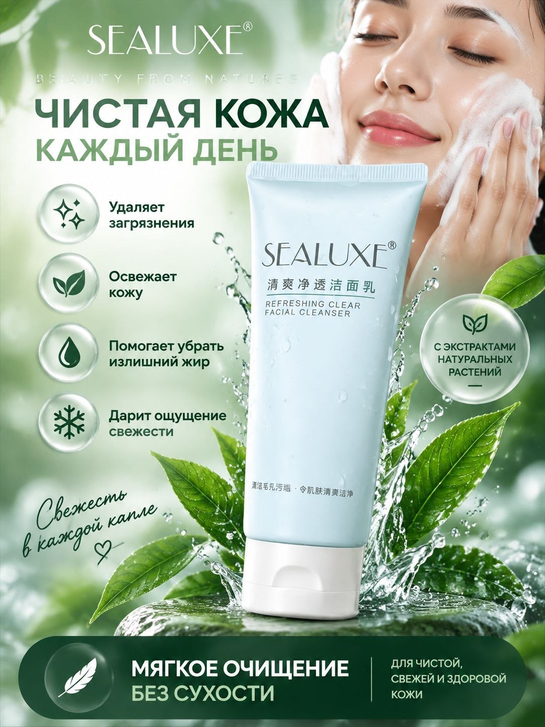 Yuz uchun ko‘pik SEALUXE, namlantiruvchi, oqartiruvchi, chuqur tozalovchi, 100 g - 