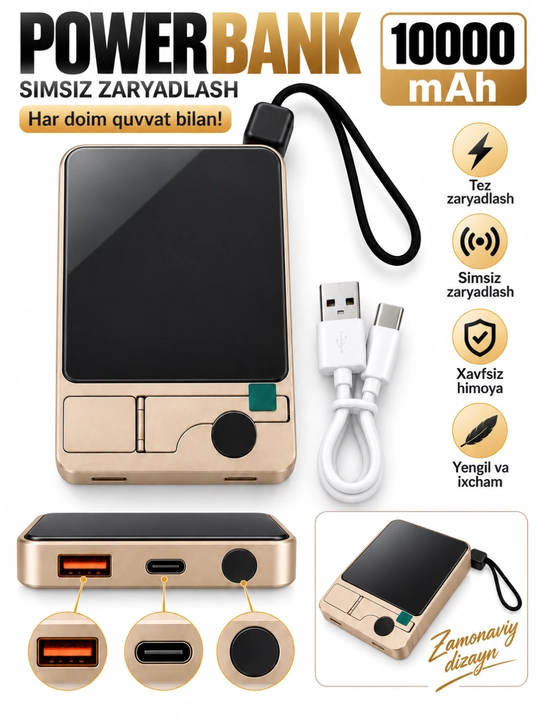 Magnitli Power Bank 10000 mAh, simsiz va tezkor zaryadlash, o‘rnatilgan kabel bilan - 