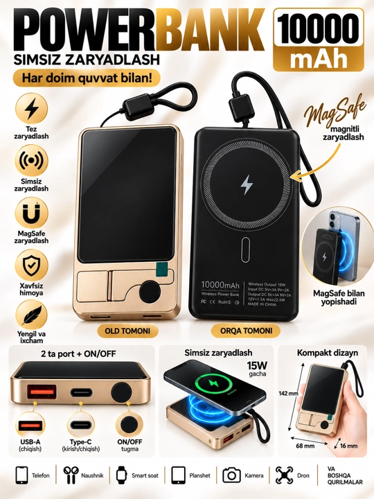Magnitli Power Bank 10000 mAh, simsiz va tezkor zaryadlash, o‘rnatilgan kabel bilan