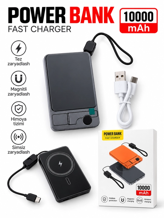 Magnitli Power Bank 10000 mAh, simsiz va tezkor zaryadlash, o‘rnatilgan kabel bilan