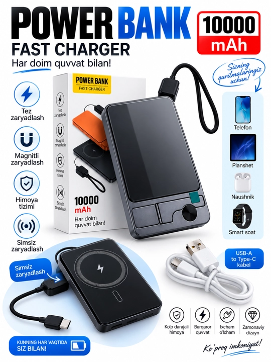 Magnitli Power Bank 10000 mAh, simsiz va tezkor zaryadlash, o‘rnatilgan kabel bilan