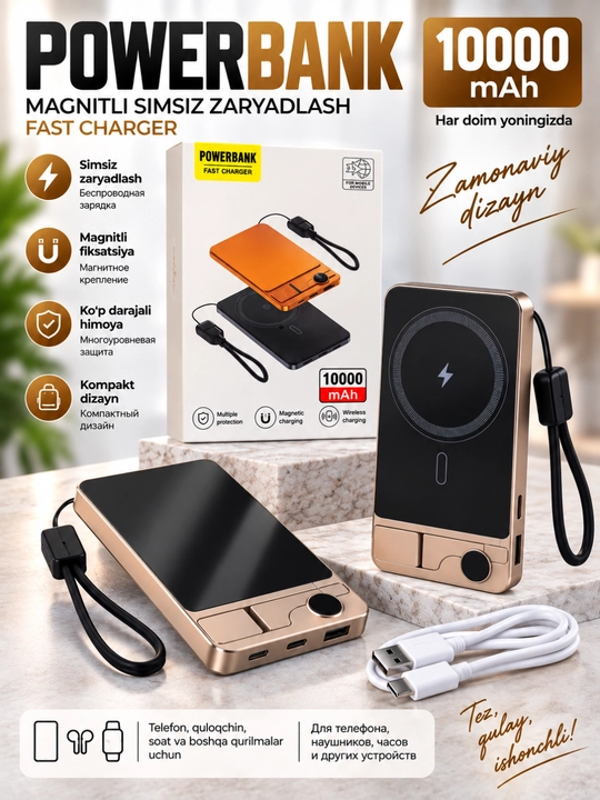 Magnitli Power Bank 10000 mAh, simsiz va tezkor zaryadlash, o‘rnatilgan kabel bilan