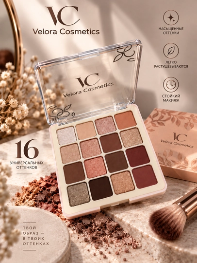 Палетка тень теней для век Velora Cosmetics IC профессиональная для макияжа 16 оттенков