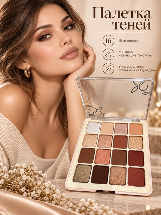 Палетка тень теней для век Velora Cosmetics IC профессиональная для макияжа 16 оттенков