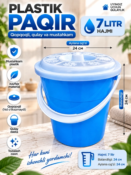 Plastik paqir qopqoqli va dastali 3L 5L 7L, uy, oshxona va hammom uchun - 