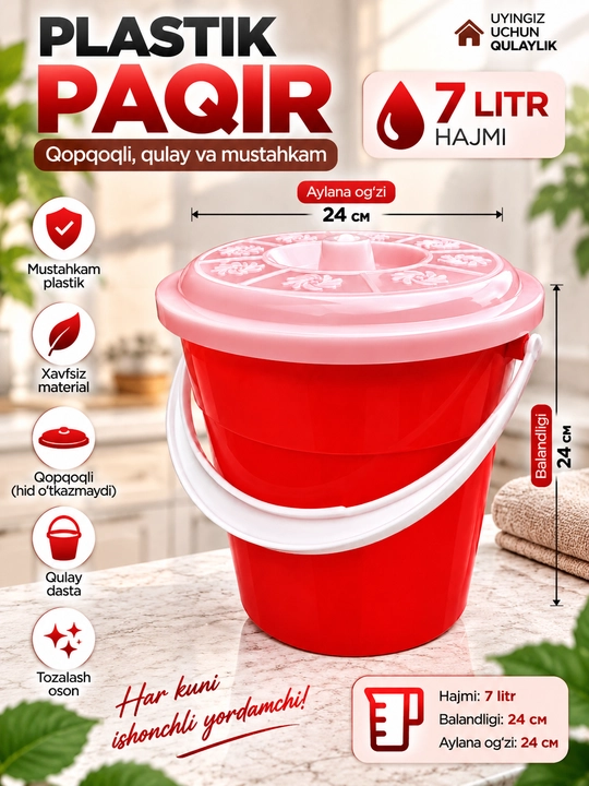 Plastik paqir qopqoqli va dastali 3L 5L 7L, uy, oshxona va hammom uchun - 
