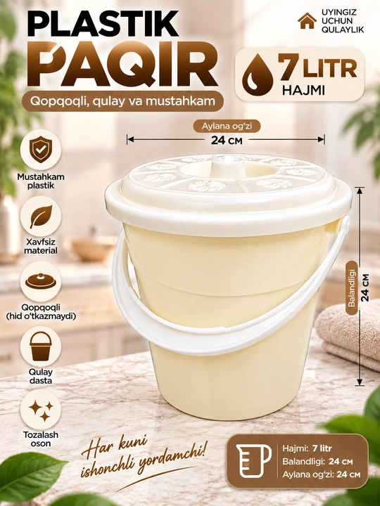 Plastik paqir qopqoqli va dastali 3L 5L 7L, uy, oshxona va hammom uchun - 