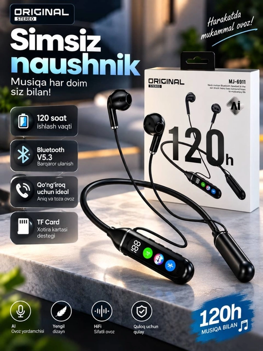 Беспроводные наушники MJ-6911, Bluetooth 5.3, TF Card, до 120 часов - 