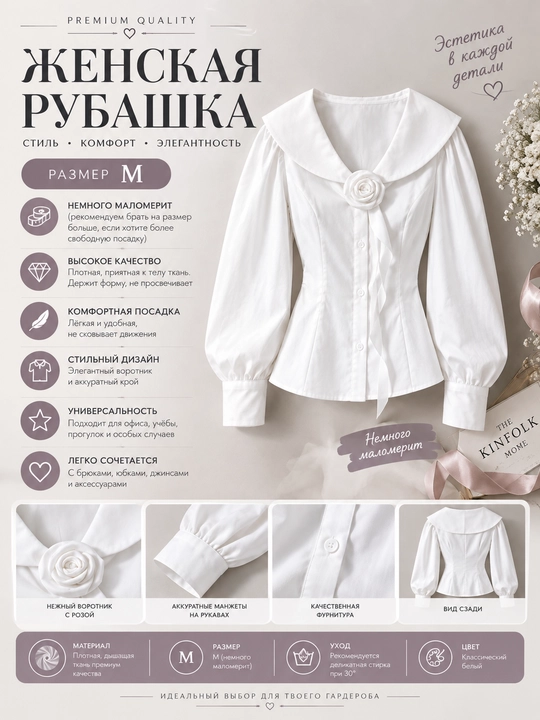 Женская блузка с широким воротником и декоративной розой, белая - 
