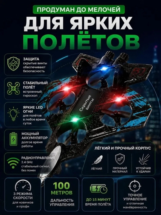 Радиоуправляемый самолёт-квадрокоптер для детей, трюковой, с функцией сальто