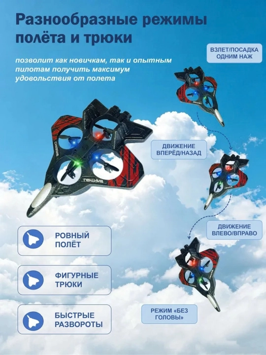 Радиоуправляемый самолёт-квадрокоптер для детей, трюковой, с функцией сальто