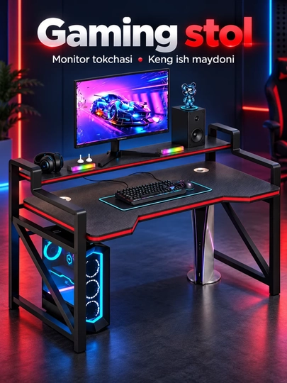 Kompyuter stoli geymerlar uchun, monitor tokchali, ish va o‘yin uchun keng stol - 