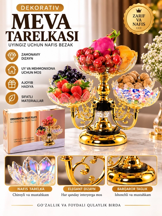 Dekorativ meva va shirinliklar uchun ko‘p qavatli tarelka, oltin rangli