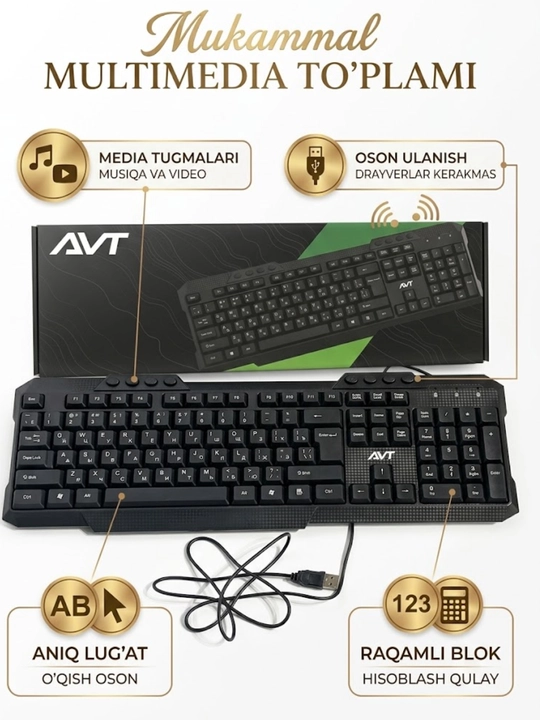 Kompyuter uchun simli multimedia klaviaturasi AVT KBM302, USB, to'liq o'lchamli - 