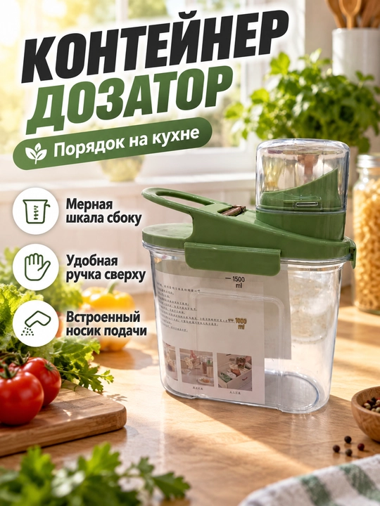 Контейнер для хранения сыпучих продуктов с мерным стаканом и ручкой - 