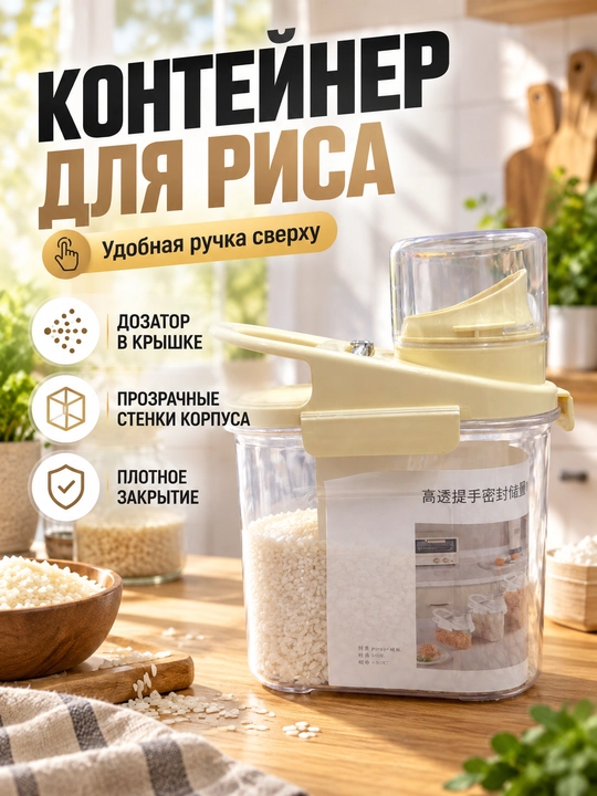 Контейнер для хранения сыпучих продуктов с мерным стаканом и ручкой - 