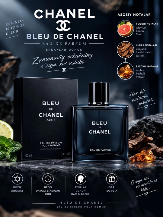 BLEU DE CHANEL — erkaklar uchun yaratilgan mashhur aromatik-yog‘ochsimon atir - 