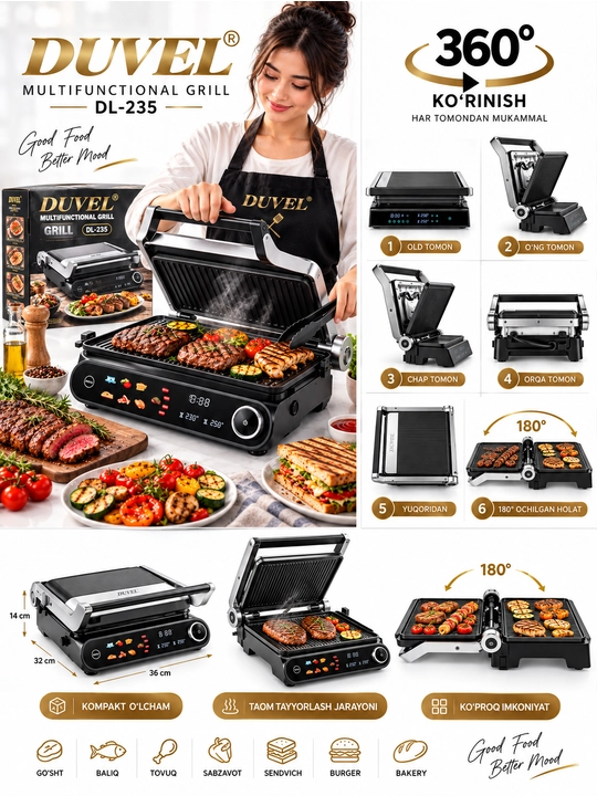 Elektr grill, kontakt grill, panini press, go‘sht grilli, sabzavot grilli, DUVEL DL-235