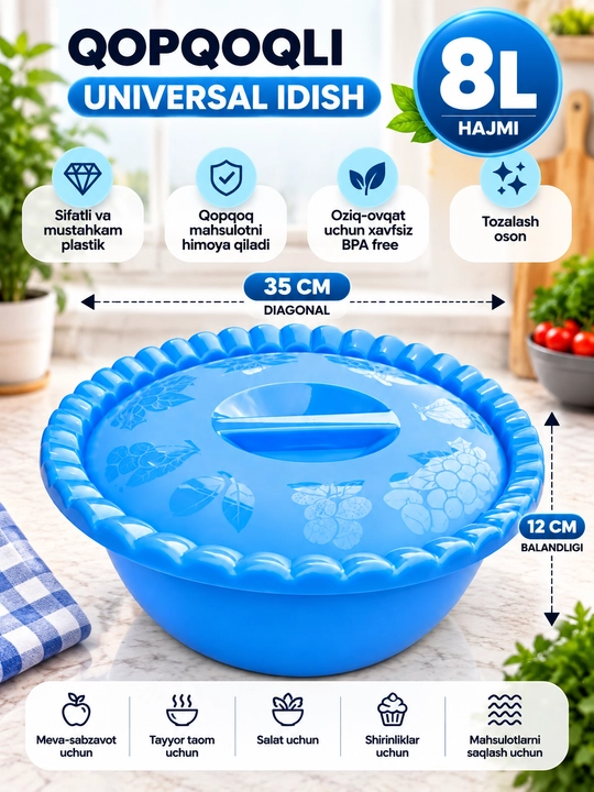 Qopqoqli universal idish, oziq-ovqat saqlash uchun plastik idish, konteyner - 