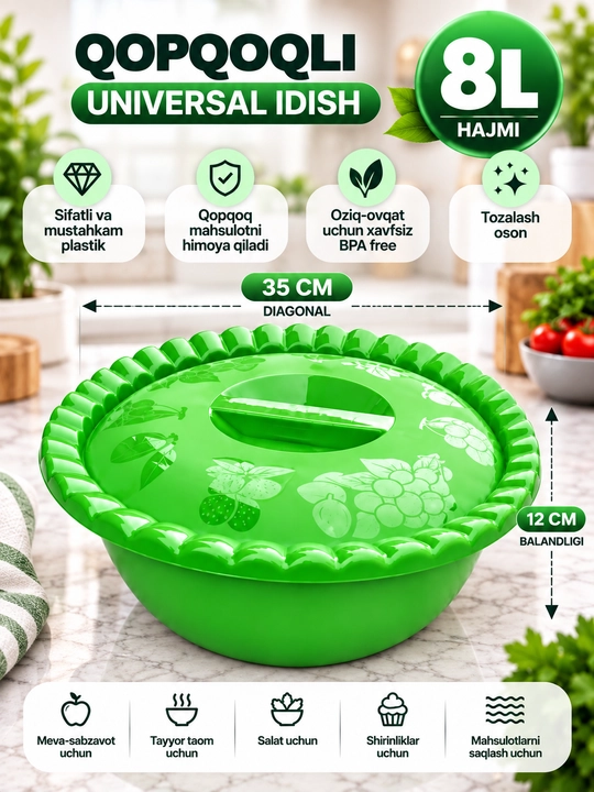 Qopqoqli universal idish, oziq-ovqat saqlash uchun plastik idish, konteyner - 