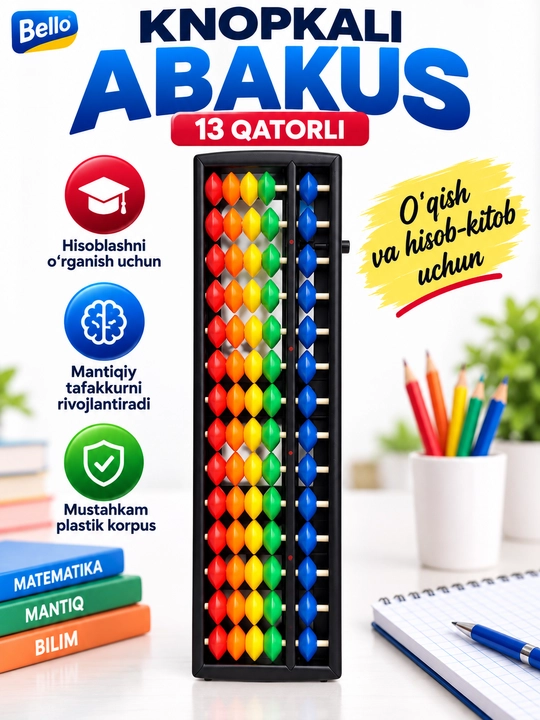 Abakus hisoblash cho‘ti, 13 va 17 qatorli, plastik va yog‘och korpusli - 