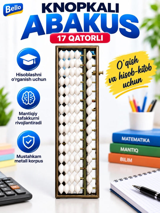 Abakus hisoblash cho‘ti, 13 va 17 qatorli, plastik va yog‘och korpusli - 