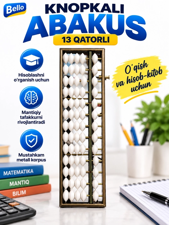 Abakus hisoblash cho‘ti, 13 va 17 qatorli, plastik va yog‘och korpusli - 