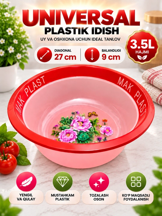 Universal plastik idish, tog‘ora, 3.5–9 L, uy va oshxona uchun