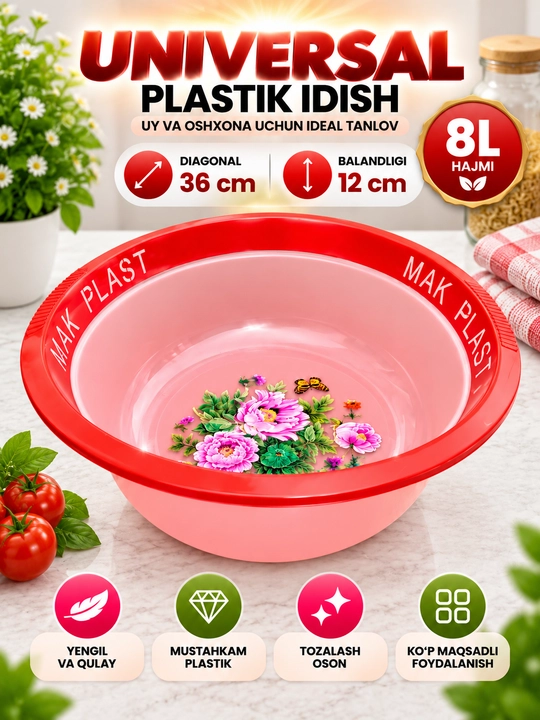 Universal plastik idish, tog‘ora, 3.5–9 L, uy va oshxona uchun
