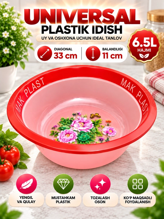 Universal plastik idish, tog‘ora, 3.5–9 L, uy va oshxona uchun