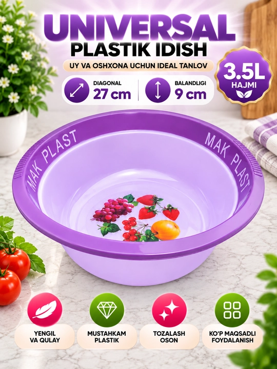 Universal plastik idish, tog‘ora, 3.5–9 L, uy va oshxona uchun