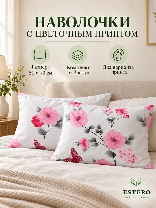 Наволочки, 50x70 см, с цветочным принтом, набор 2 и 4 шт
