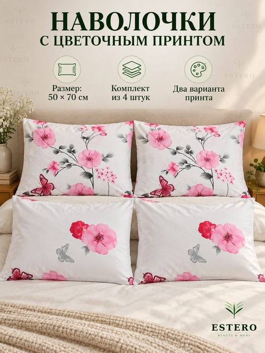 Наволочки, 50x70 см, с цветочным принтом, набор 2 и 4 шт
