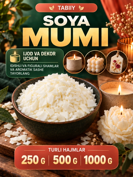 Konteyner va figurali shamlar tayyorlash uchun tabiiy soya mumi