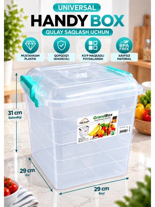 Universal plastik saqlash qutisi Handy Box konteyner uy oshxona ofis uchun