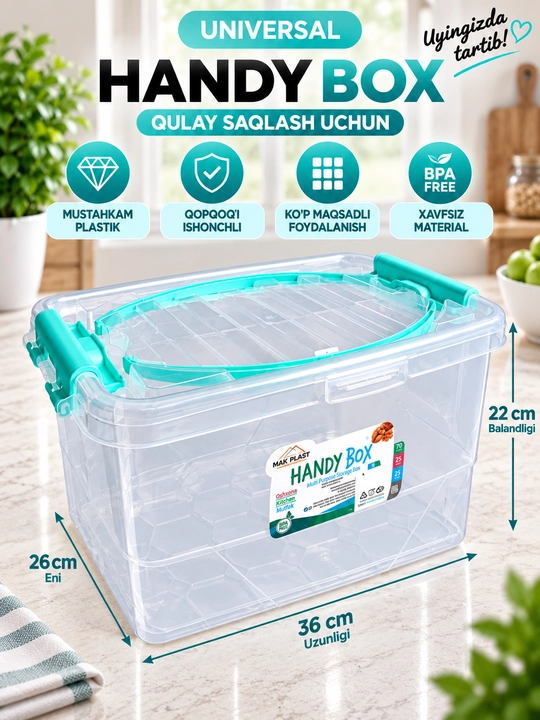 Universal plastik saqlash qutisi Handy Box konteyner uy oshxona ofis uchun
