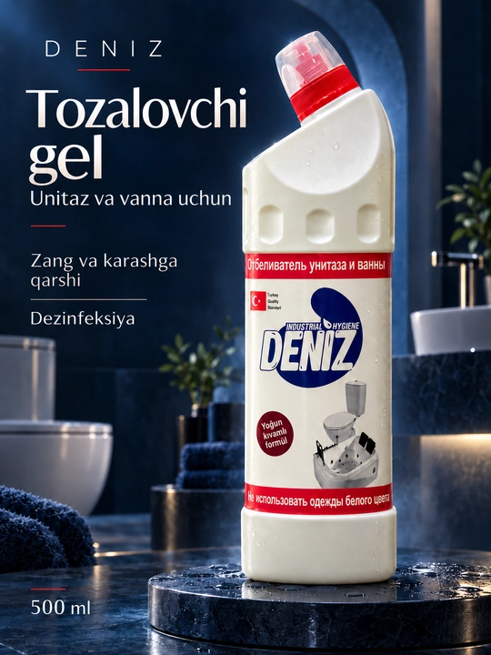 Unitaz va vanna uchun tozalovchi gel Deniz 500 ml, zang va ohakka qarshi dezinfeksiya vos - 