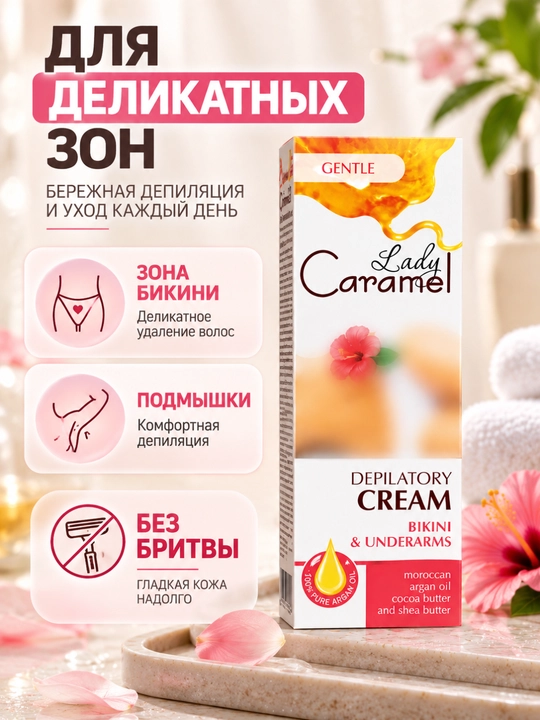 Oyoqlar, qo'llar, bikini va qo'ltiqlar uchun depilatsiya, depilator kremi, Lady Caramel