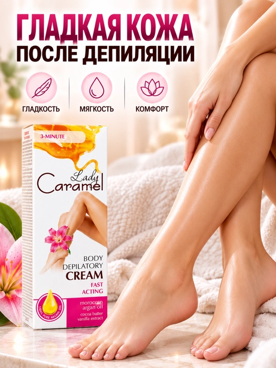 Oyoqlar, qo'llar, bikini va qo'ltiqlar uchun depilatsiya, depilator kremi, Lady Caramel